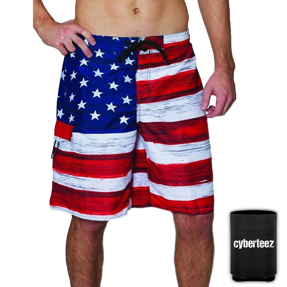 USA American Flag Old Glory Men'S RWB Patriotic Board Shorts Swim Trunks + Coolie (S)