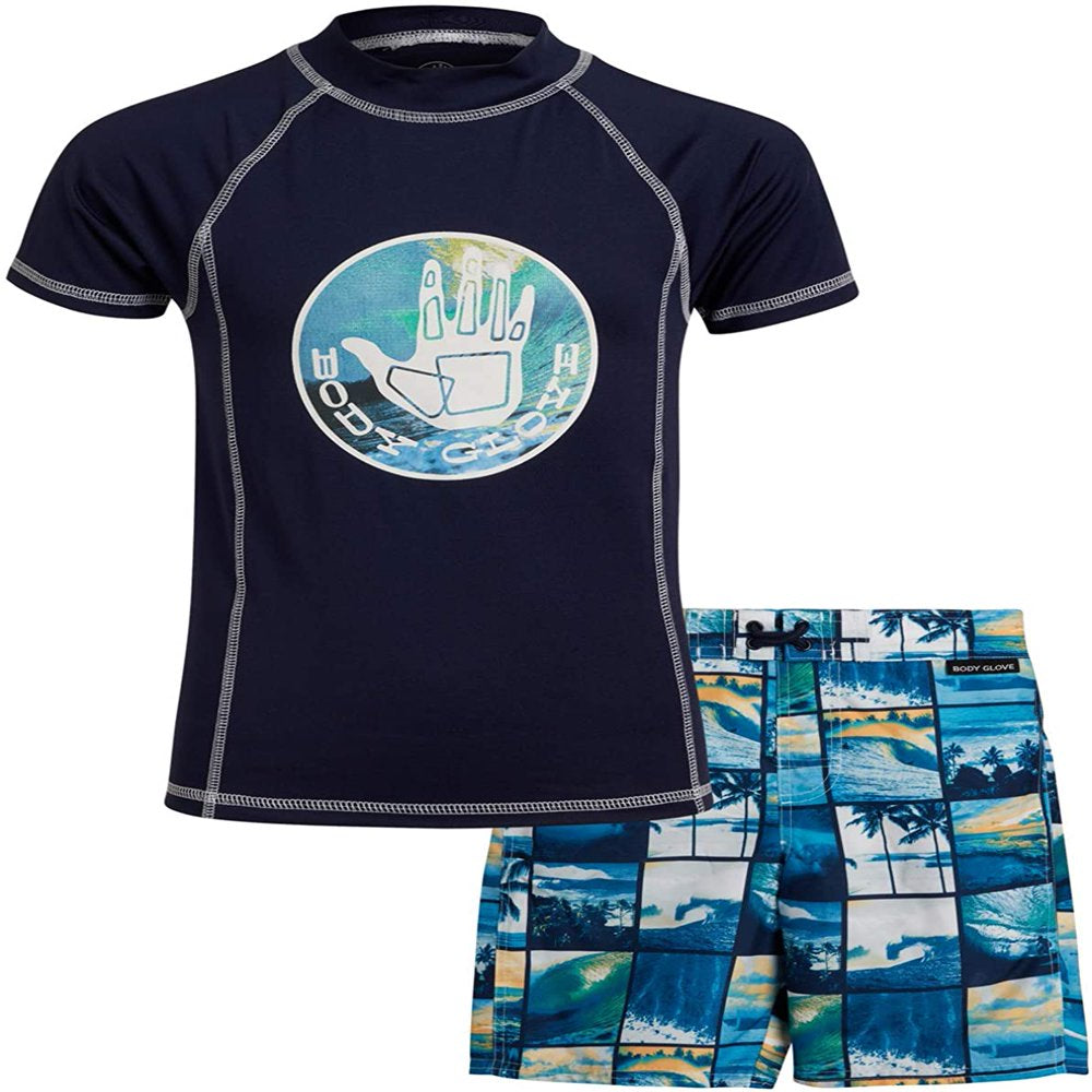 Body Glove Boys' 2-Piece UPF 50+ Rash Guard and Swimsuit Trunks Set, Sizes 2T-12