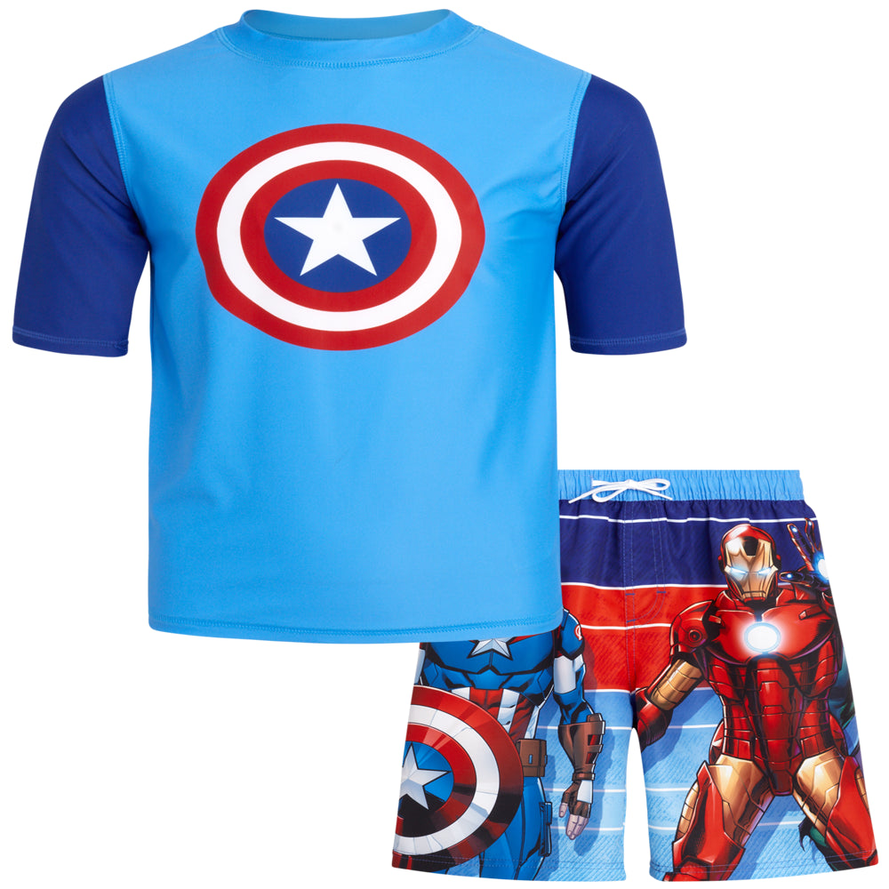 Marvel Boys' Avengers UPF 50+ Rash Guard Set - Captain America, Iron Man Swim Shirt and Trunks (2T-12)