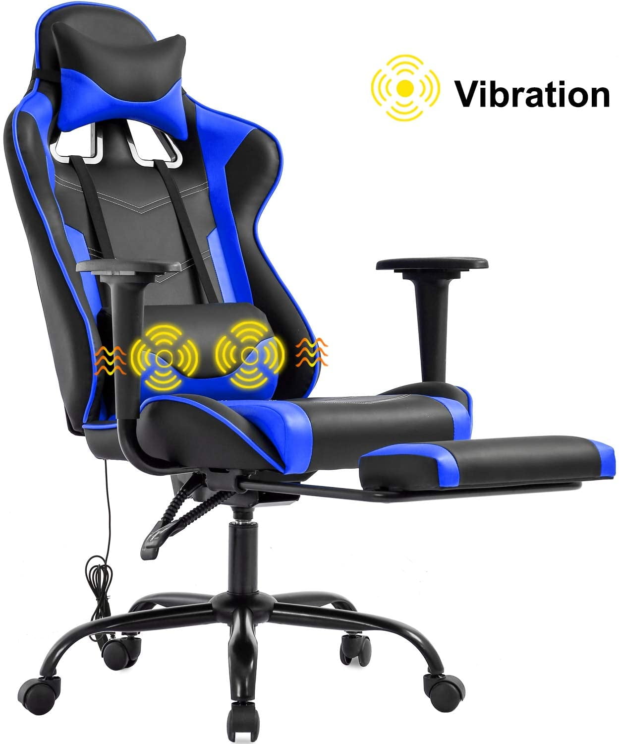 BestOffice Game chair office chair massage PU leather recliner racing chair with headrest armrest foot pedal rolling rotation PC ergonomic computer chair back support, Blue