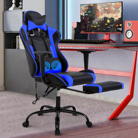 CL.HPAHKL Massage Gaming Chair, Height Adjustable Swivel Rolling Chair with Headrest Footrest and Massage Lumbar Support, PU High Back Ergonomic PC Chair for Office or Gaming, Office Gaming Chair