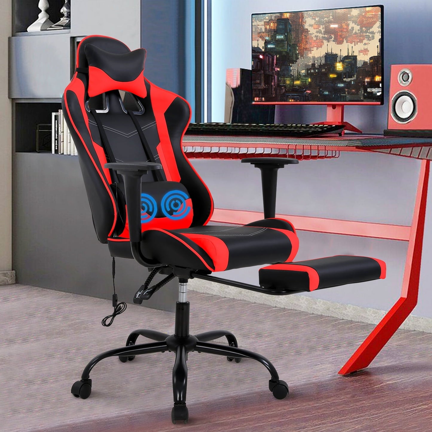 CL.HPAHKL Massage Gaming Chair, Height Adjustable Swivel Rolling Chair with Headrest Footrest and Massage Lumbar Support, PU High Back Ergonomic PC Chair for Office or Gaming, Office Gaming Chair
