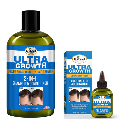 Difeel Mens Ultra Growth 2-in-1 Basil & Castor Oil Shampoo & Conditioner 12 oz. with Hair Oil 2.5oz. (2-PC SET)