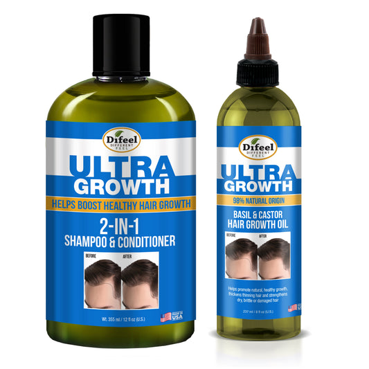 Difeel Mens Ultra Growth 2-in-1 Basil & Castor Oil Shampoo & Conditioner 12 oz. with Hair Oil 8oz. (2-PC SET)