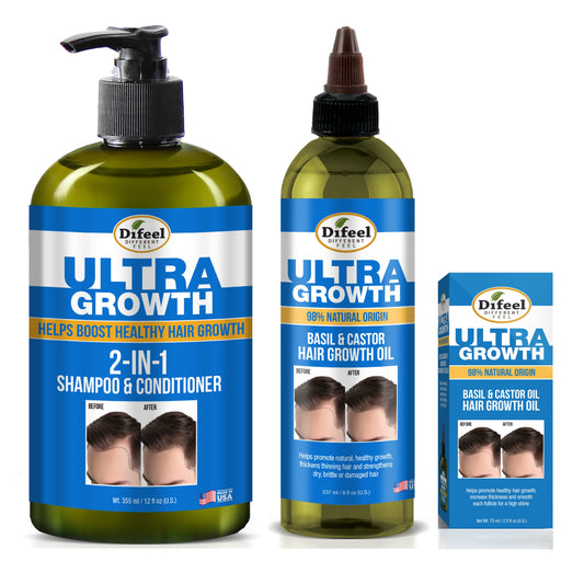 Difeel Mens Ultra Growth 3-PC Hair Growth Shampoo, Condition & Treatment Set - Includes 12 oz.  2-in-1 Shampoo, 8oz Hair Oil & 2.5oz Hair Oil