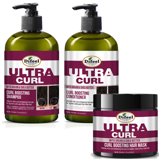 Difeel Ultra Curl 3-PC Curl Enhancing Hair Care Set : Ultra Curl Shampoo 12 oz, Conditioner 12 oz. and Hair Mask 12 oz. Set