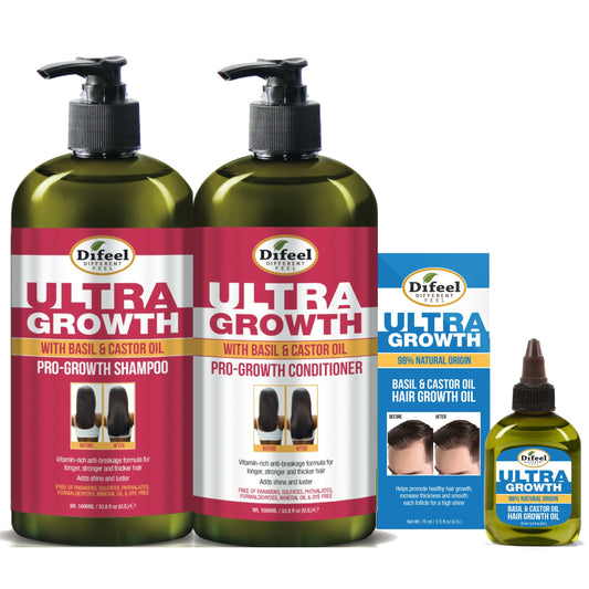 Difeel Men's Ultra Growth with Basil & Castor Oil 3-PC Hair Collection - Includes 33.8oz Shampoo, 33.8oz Conditioner and 2.5oz Men's Hair Oil