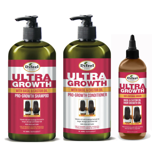Difeel Ultra Growth with Basil & Castor Oil- Large 33.8oz Shampoo, 33.8oz Conditioner AND 8oz Hair Oil