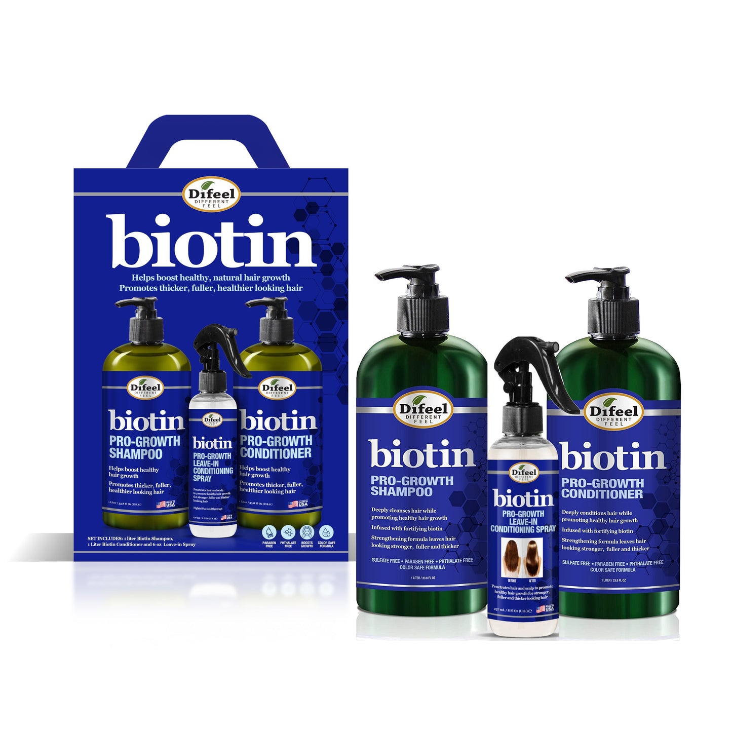 Difeel Biotin Pro-Growth Shampoo, Conditioner & Leave in Conditioning Spray 3-PC Gift Set - Shampoo 33.8 oz., Conditioner 33.8 oz. and Leave in Conditioning Spray 6 oz.