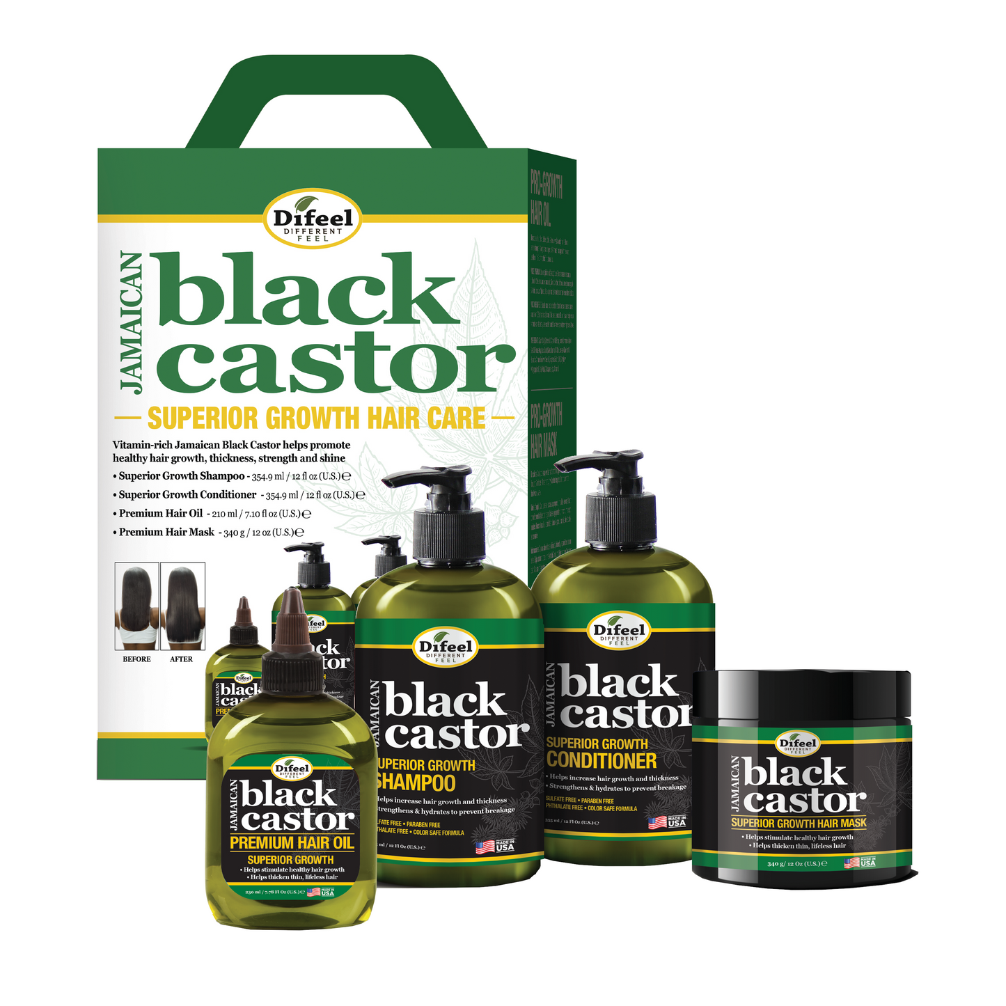 Difeel Superior Growth Jamaican Black Castor Shampoo & Conditioner Gift Set 4-PC Boxed Hair Care Collection