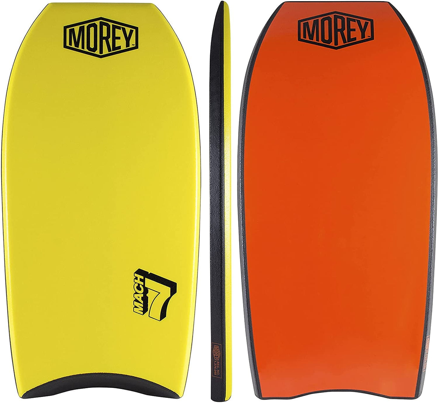 Morey Mach 7 Elite 41 Inch Bodyboard - PE Core, TC8 Deck, HDPE Slick, Single Power Rod Stringer, Crescent Tail, with Channels