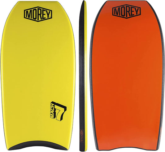 Morey Mach 7 Elite 41 Inch Bodyboard - PE Core, TC8 Deck, HDPE Slick, Single Power Rod Stringer, Crescent Tail, with Channels