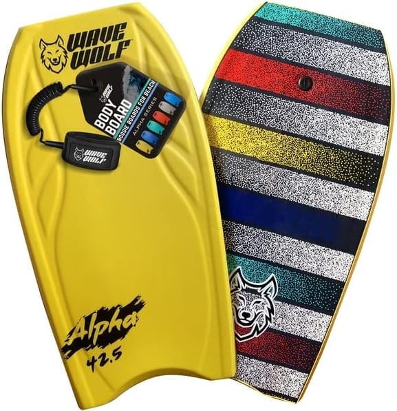 WAVEWOLF 42.5' Hardslick Pro Body Board - Lightning Yellow with Wrist Leash
