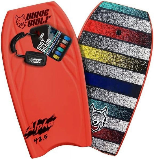 WAVEWOLF 42.5' Hardslick Pro Body Board - Red Fury with Wrist Leash Bodyboard
