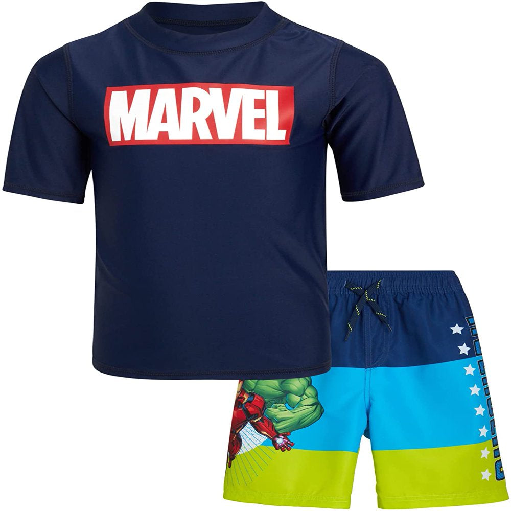 Marvel Boys' Avengers UPF 50+ Rash Guard Set - Captain America, Iron Man Swim Shirt and Trunks (2T-12)