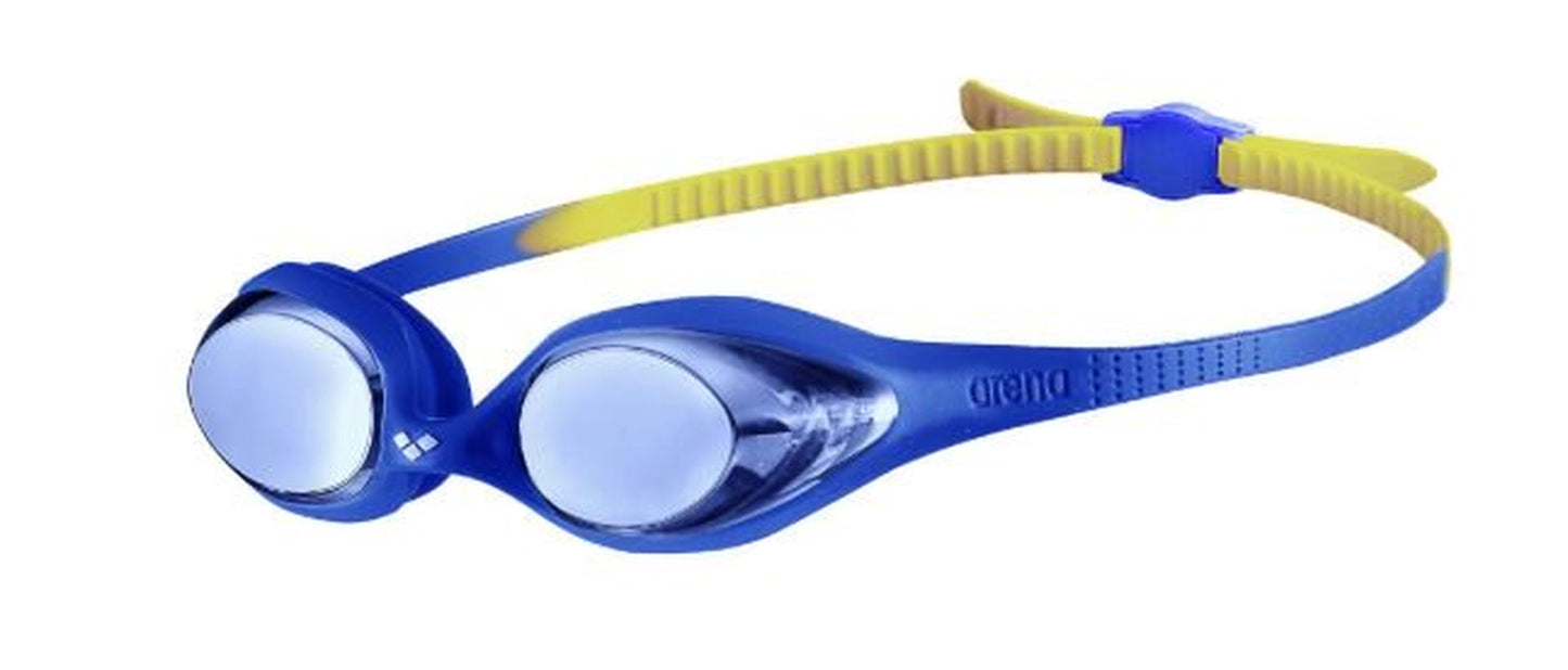 Arena Spider Youth Mirror Swimming Goggles in Blue-Blue-Yellow, Adjustable Size