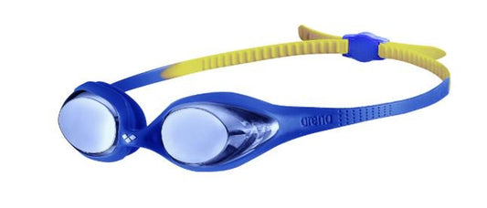 Arena Spider Youth Mirror Swimming Goggles in Blue-Blue-Yellow, Adjustable Size