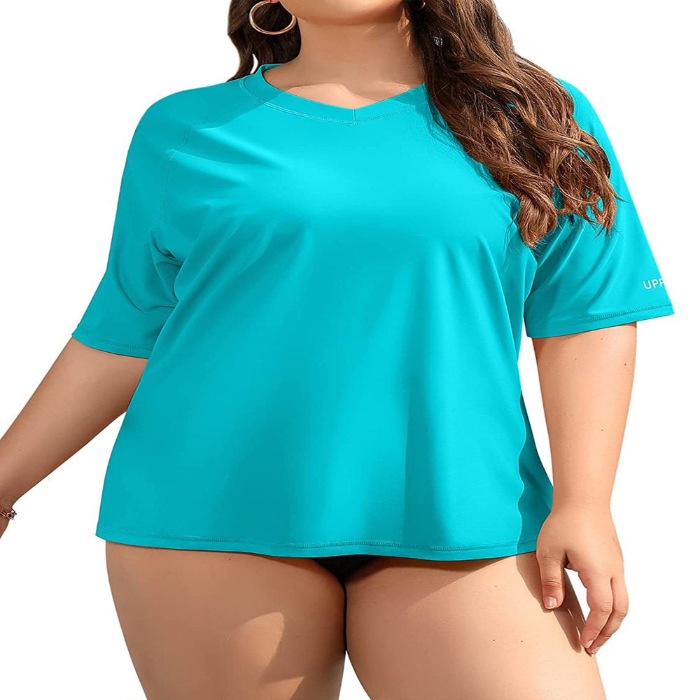 Women'S plus Size Rash Guard Short Sleeve Swim Shirt UPF 50+ Swimsuit Tops