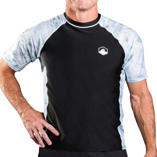 Aqua Design Mens Short Sleeve Rash Guard Shirt: Surf Swim Rashguard Shirts: White Water/Black Size Medium