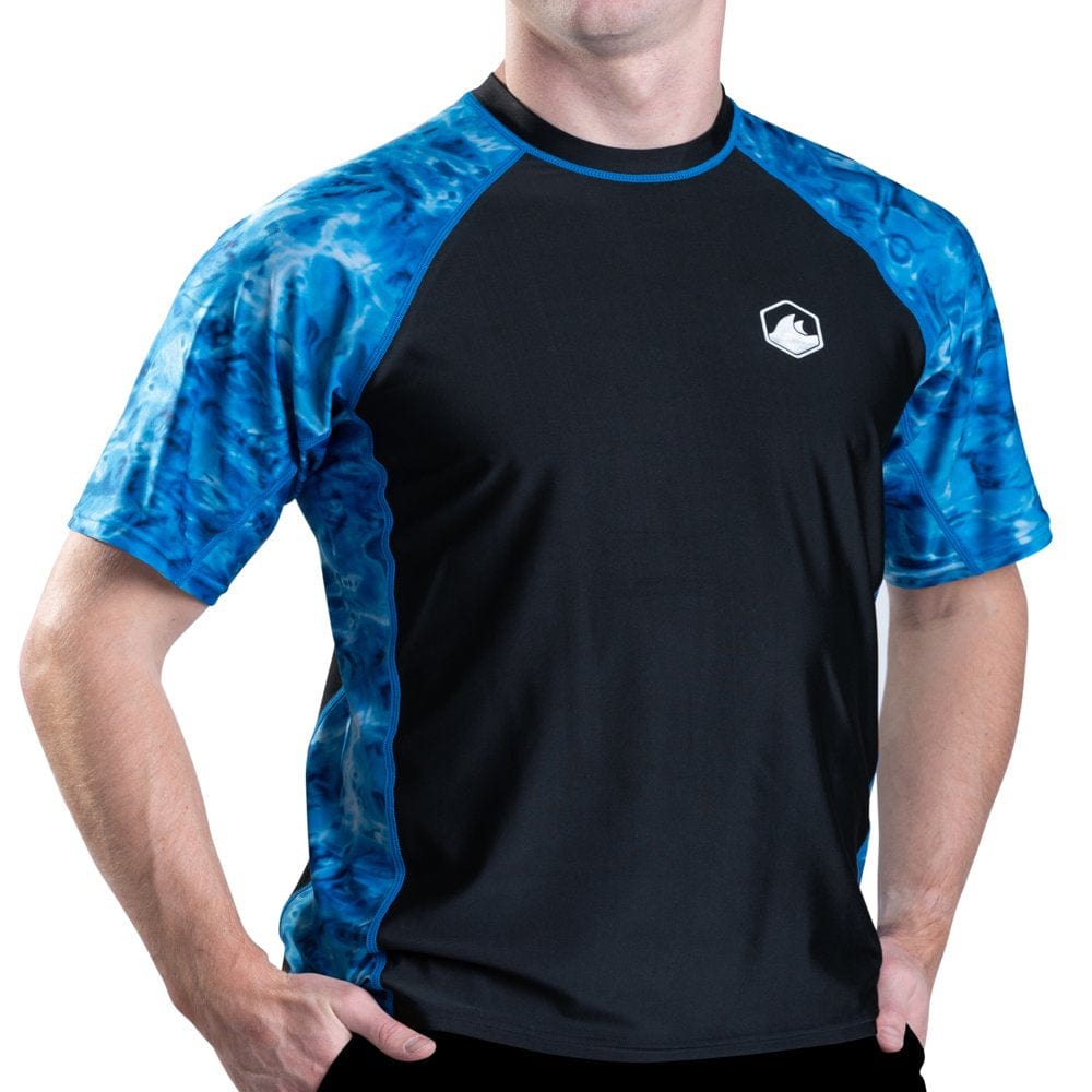 Aqua Design Mens Short Sleeve Rash Guard Shirt: Surf Swim Rashguard Shirts: White Water/Black Size Medium