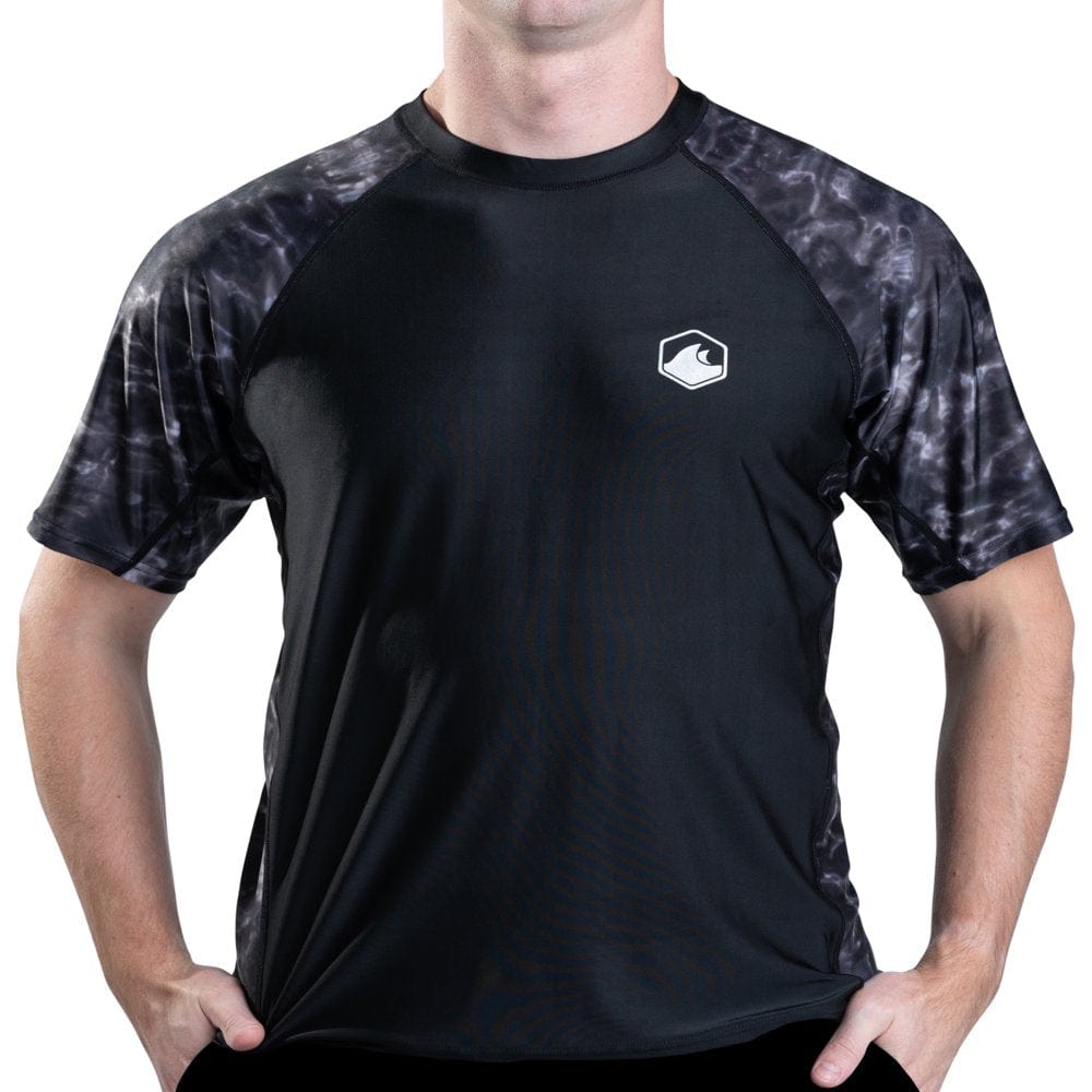 Aqua Design Mens Short Sleeve Rash Guard Shirt: Surf Swim Rashguard Shirts: White Water/Black Size Medium