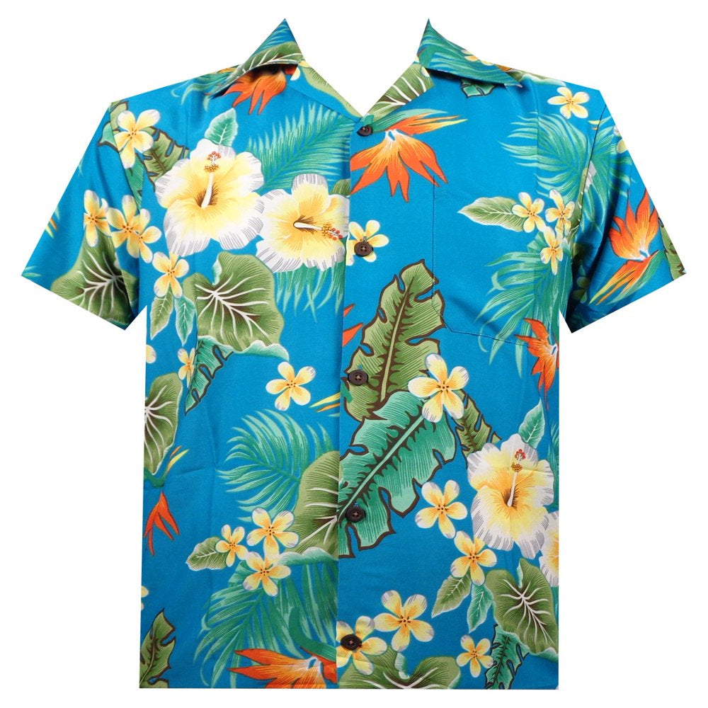 Hawaiian Shirt 46 Mens Flower Leaf Beach Aloha Party Camp Holiday Blue Xl