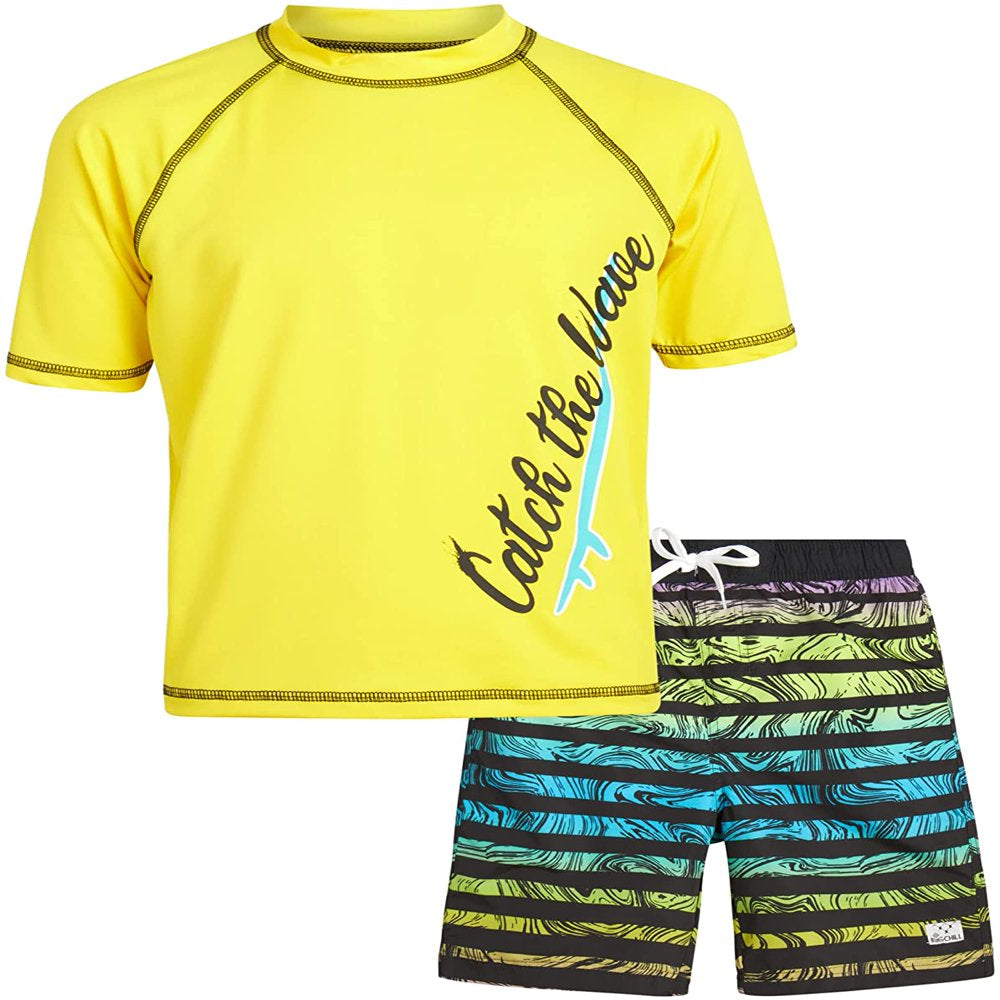 Big Chill Boys' Rash Guard Set - 2 Piece UPF 50+ Swim Trunks and Long Sleeve Swim Shirt (Little Kid/Big Kid)