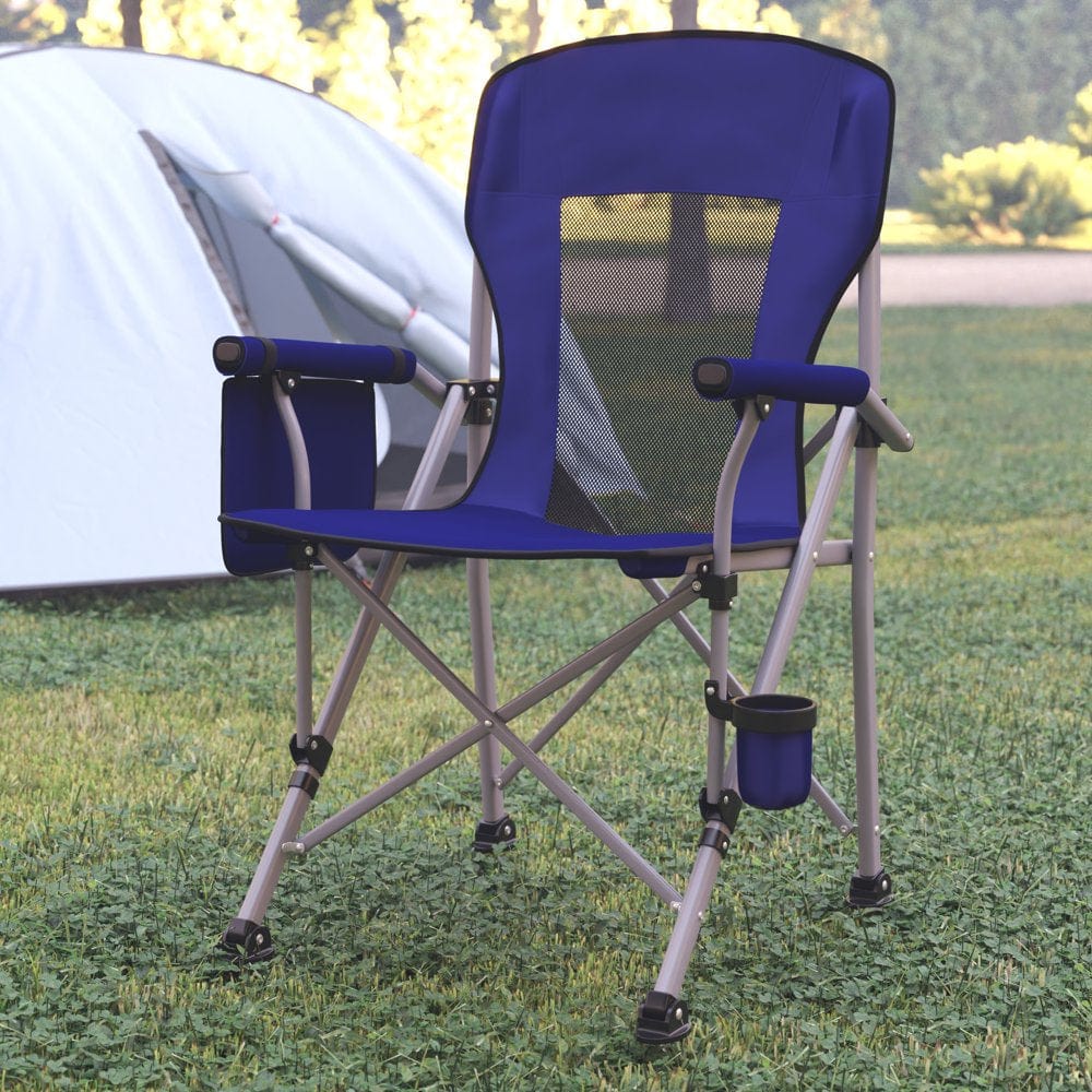 Bizchair High Back Folding Heavy Duty Portable Camping Chair with Padded Arms, Cup Holder, Storage Pouch and Extra Wide Carry Bag, Blue/Gray