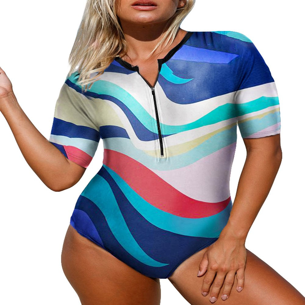 Dokotoo Women'S Zip Front Printed Half Sleeve One Piece Swimsuit Sexy Summer Beachwear Sports Surfing Bathing Suit S-XXL