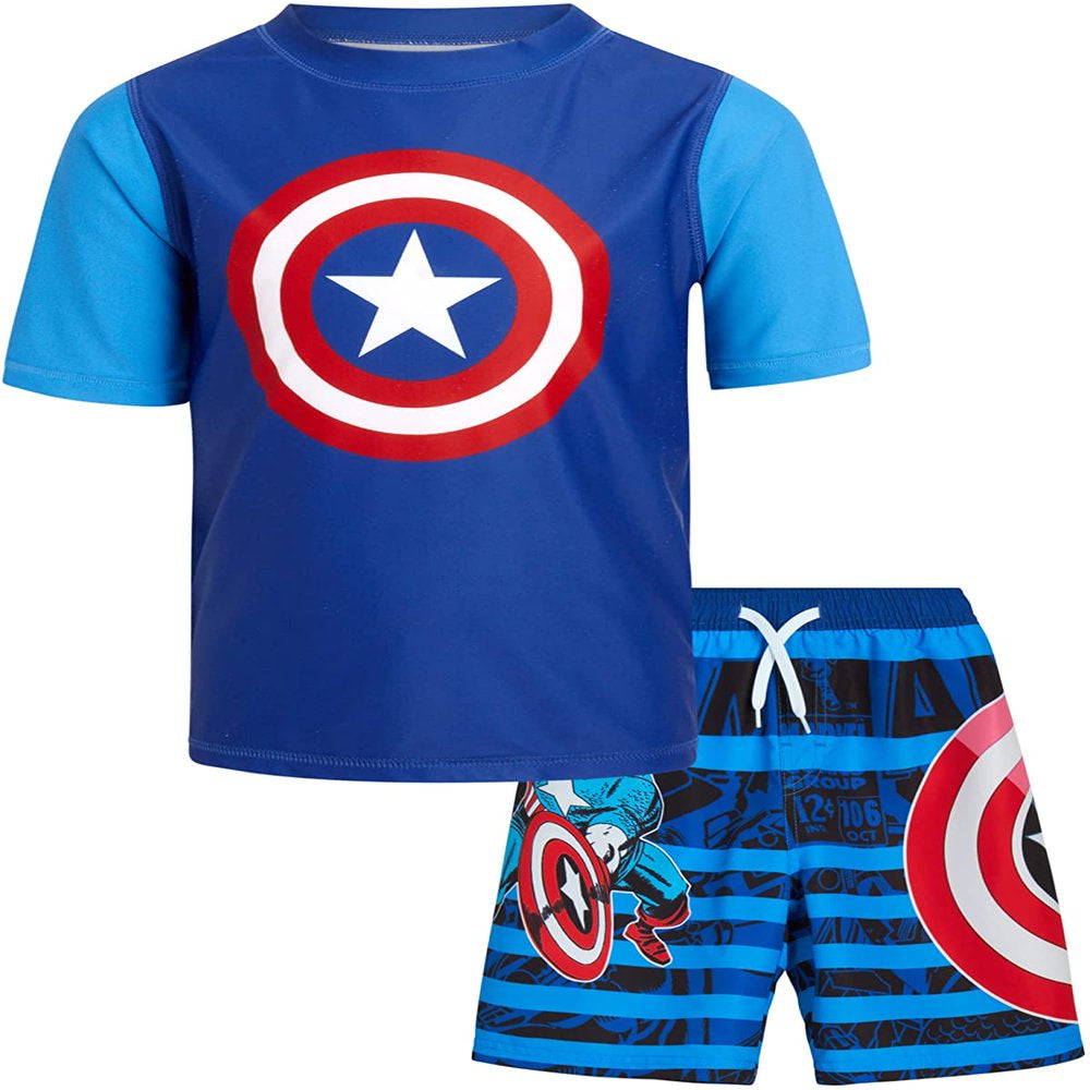 Marvel Boys' Avengers UPF 50+ Rash Guard Set - Captain America, Iron Man Swim Shirt and Trunks (2T-12)