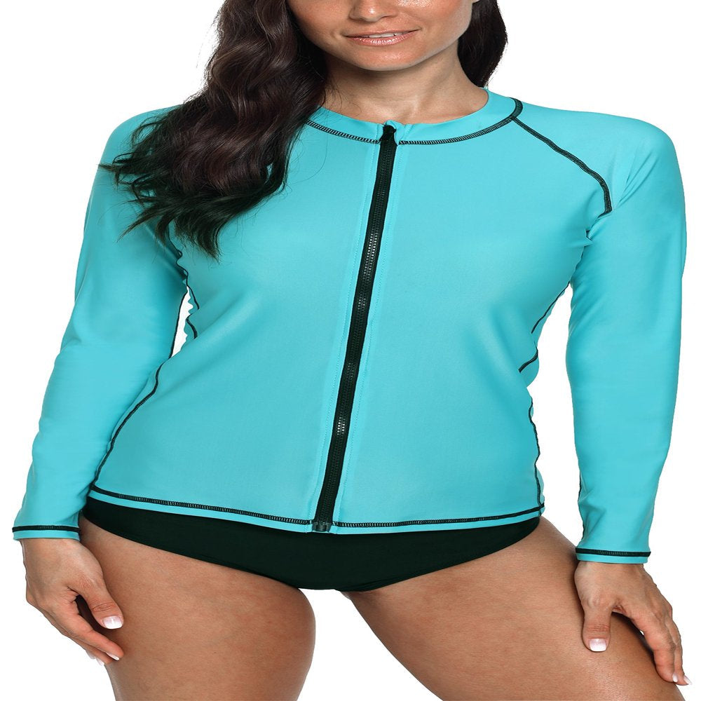 Charmo Women'S Zip Front Long Sleeve Swimsuits Rash Guard Top Sun Protection Swim Shirt