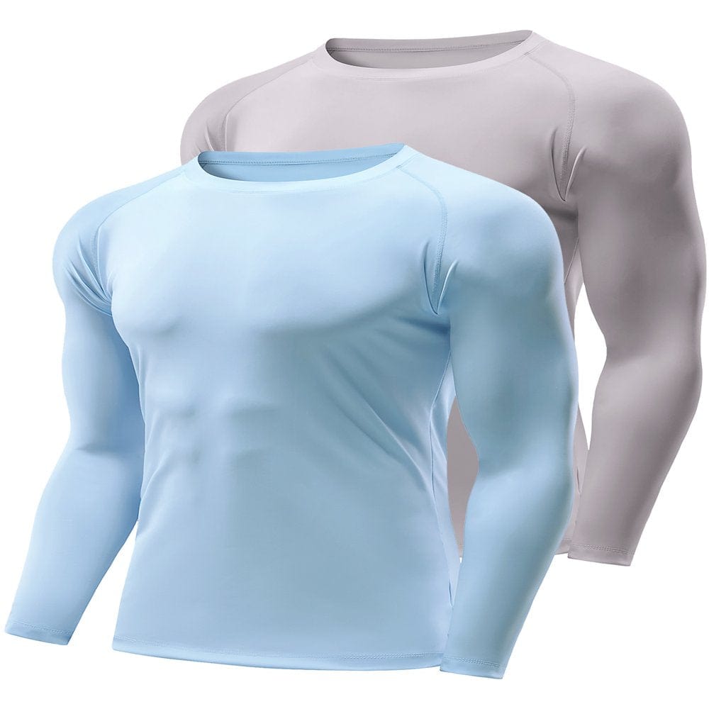 Crelity 2 Pack Men'S Quick Dry Lightweight UPF 50+ Long Sleeve Shirts Rash Guard Swim Shirts Hiking Shirts, Light Gray /Turquoise -M