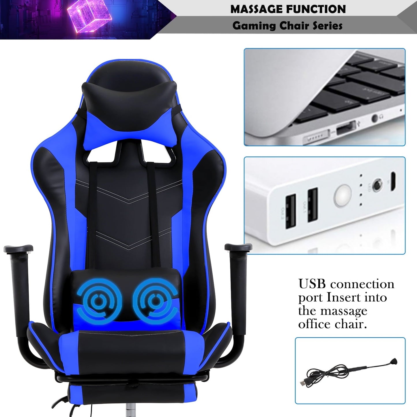 CL.HPAHKL Massage Gaming Chair, Height Adjustable Swivel Rolling Chair with Headrest Footrest and Massage Lumbar Support, PU High Back Ergonomic PC Chair for Office or Gaming, Office Gaming Chair