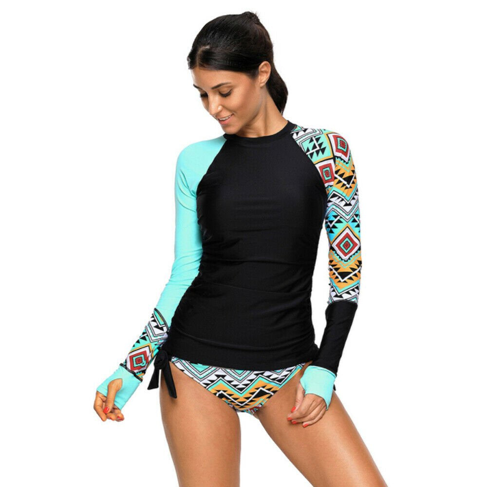 Women Rash Guard Long Sleeve Swimsuits UV UPF 50+ Swim Shirt Two Piece Tankini Set Bathing Suit -L US(12-14)