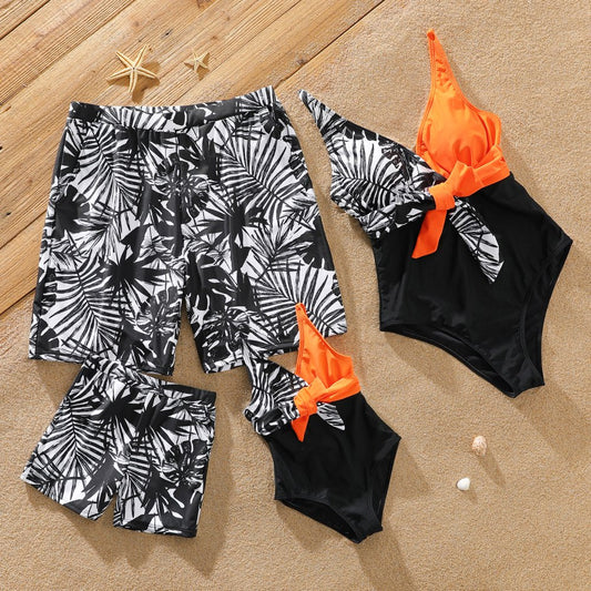 Patpat Family Matching Swimsuit,Leave Print Female Monokini Sleeeless Padded Bra Bathing Suit,Male Floral Swim Trunks Shorts with Pockets