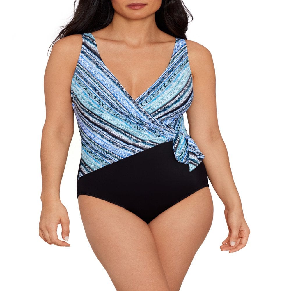 Embrace Your Curves Women'S and plus Celeste One Piece Faux Wrap Shoreline Stripe Swimsuit.