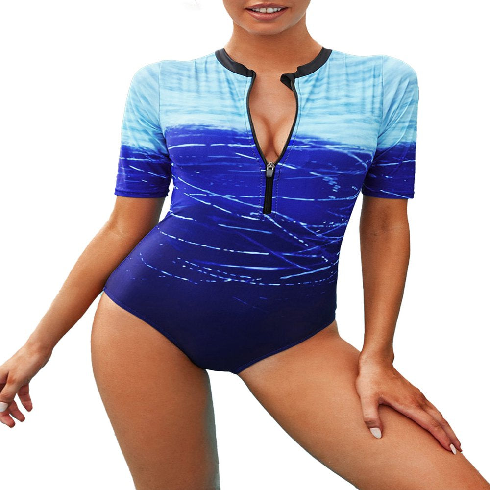 Dokotoo Women'S Zip Front Printed Half Sleeve One Piece Swimsuit Sexy Summer Beachwear Sports Surfing Bathing Suit S-XXL