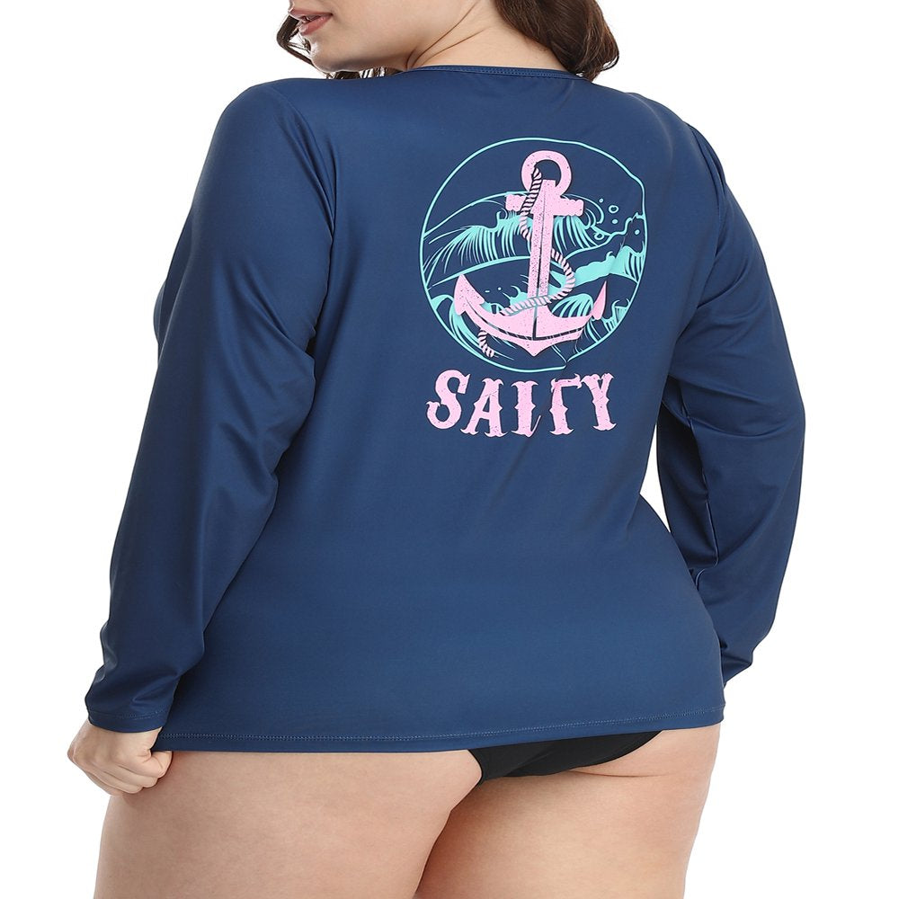 HDE Women'S plus Size Rash Guard UPF 50 Long Sleeve Swim Top Salty 1X