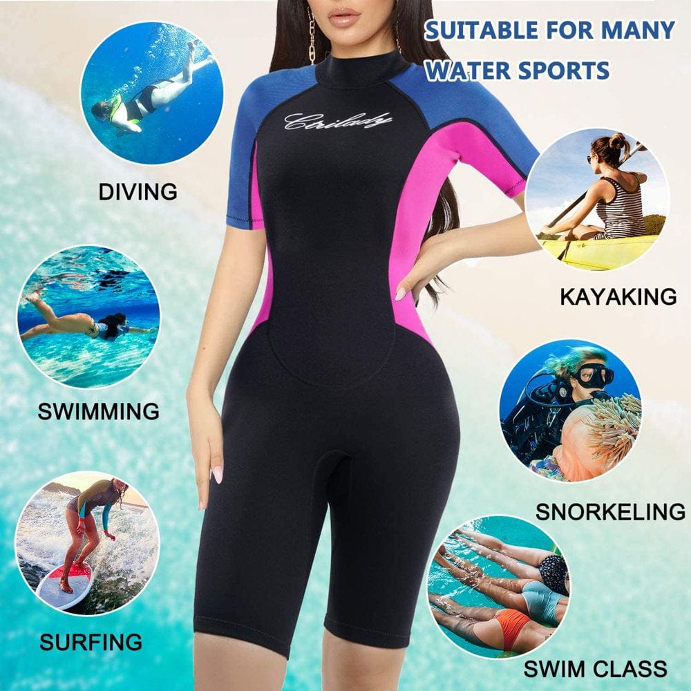 Junlan Wetsuit Shorty Wetsuit for Women 1.5Mm Neoprene Short Sleeve Diving Suits with Back Zipper UV Protection Full Body Swimwear for Swimming Diving Surfing Kayaking Snorkeling(Pink, S)