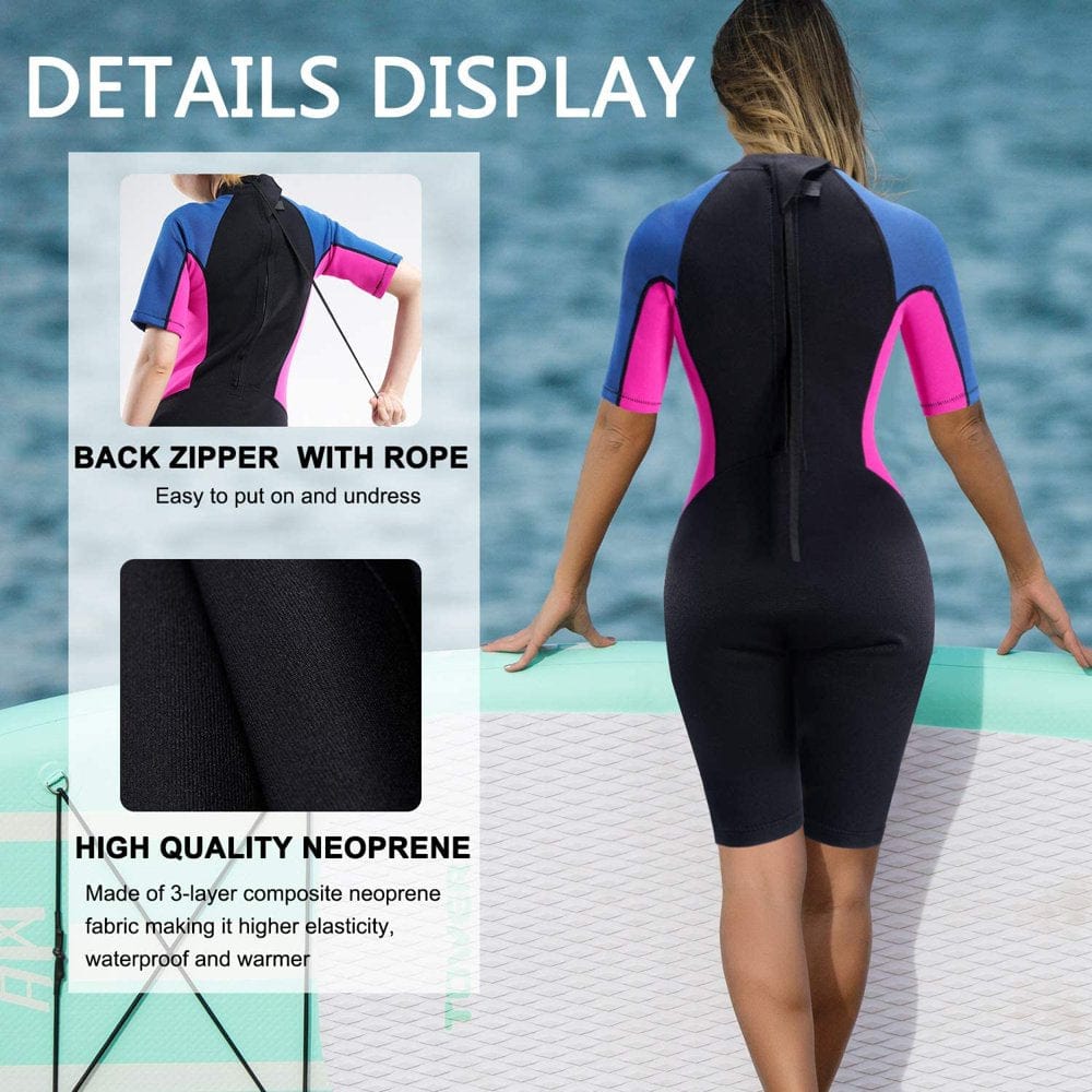 Junlan Wetsuit Shorty Wetsuit for Women 1.5Mm Neoprene Short Sleeve Diving Suits with Back Zipper UV Protection Full Body Swimwear for Swimming Diving Surfing Kayaking Snorkeling(Pink, S)