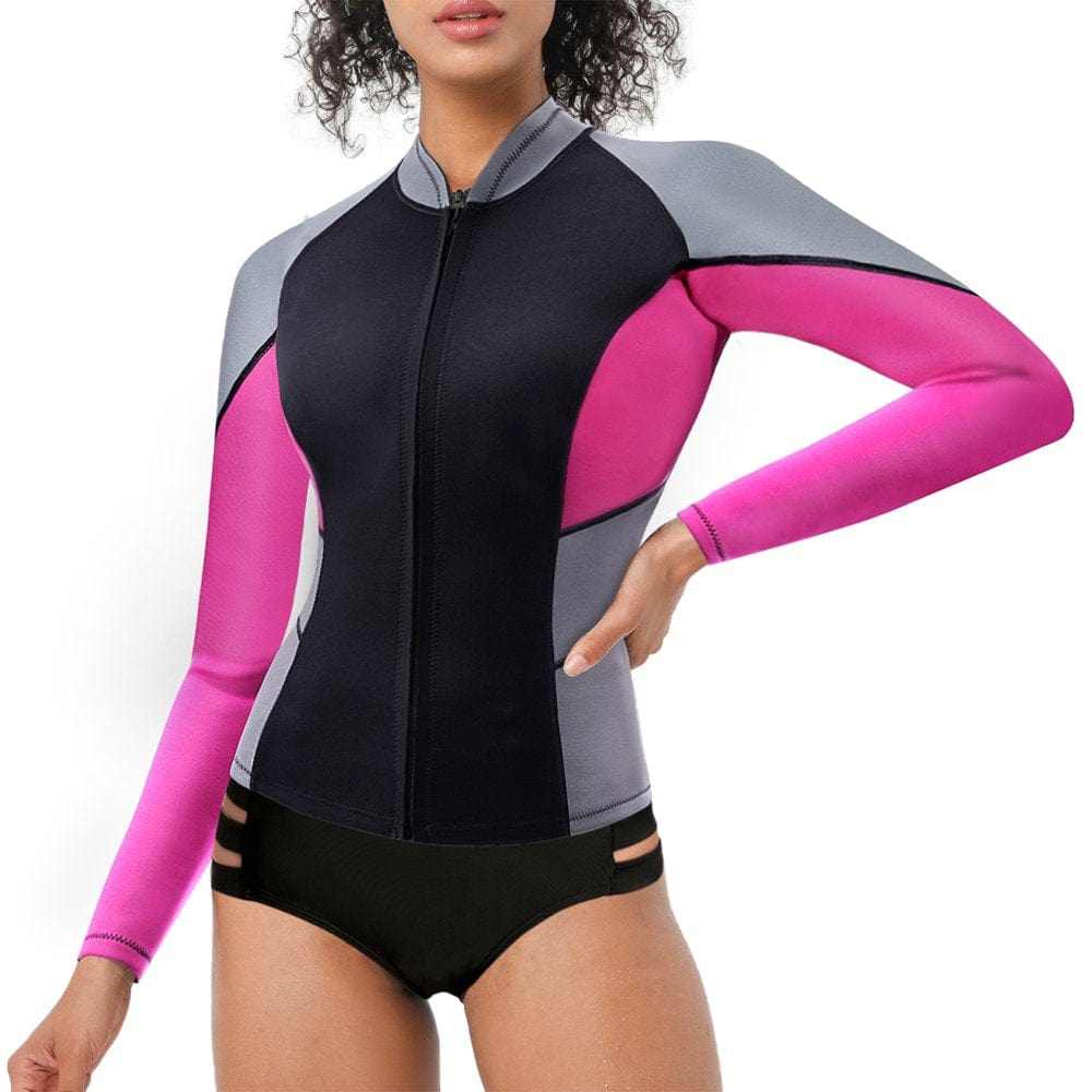 Junlan Women Wetsuit Top Wetsuit Long Sleeve Jacket, Neoprene 1.5Mm High-Necked Wetsuits with Front Zipper for Swimming Diving Surfing Boating Kayaking Snorkeling(Pink, S)