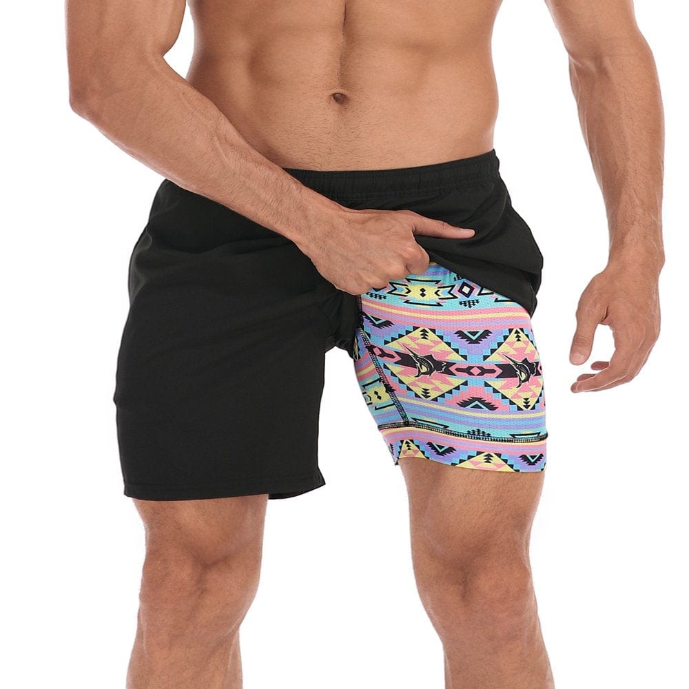 LRD Men'S Swim Trunks with Compression Liner 7 Inch Inseam Black / Gray L