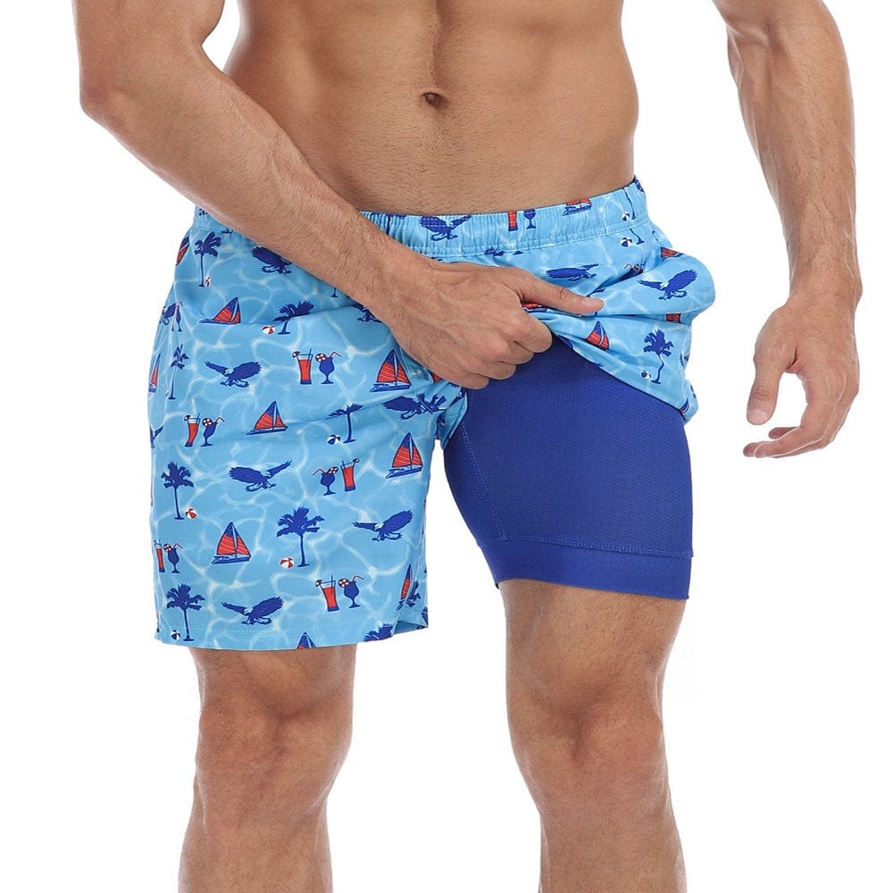 LRD Men'S Swim Trunks with Compression Liner 7 Inch Inseam Black / Gray L