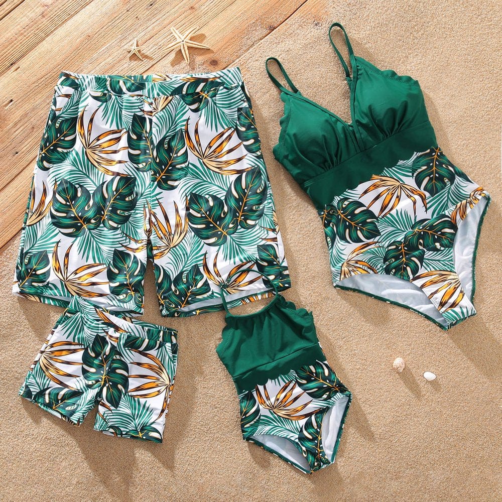 Patpat Family Matching Swimsuits Green Mommy and Me Swimwear,Female Halter Monokini Padded Bra Top Male Swimming Shorts Trucks