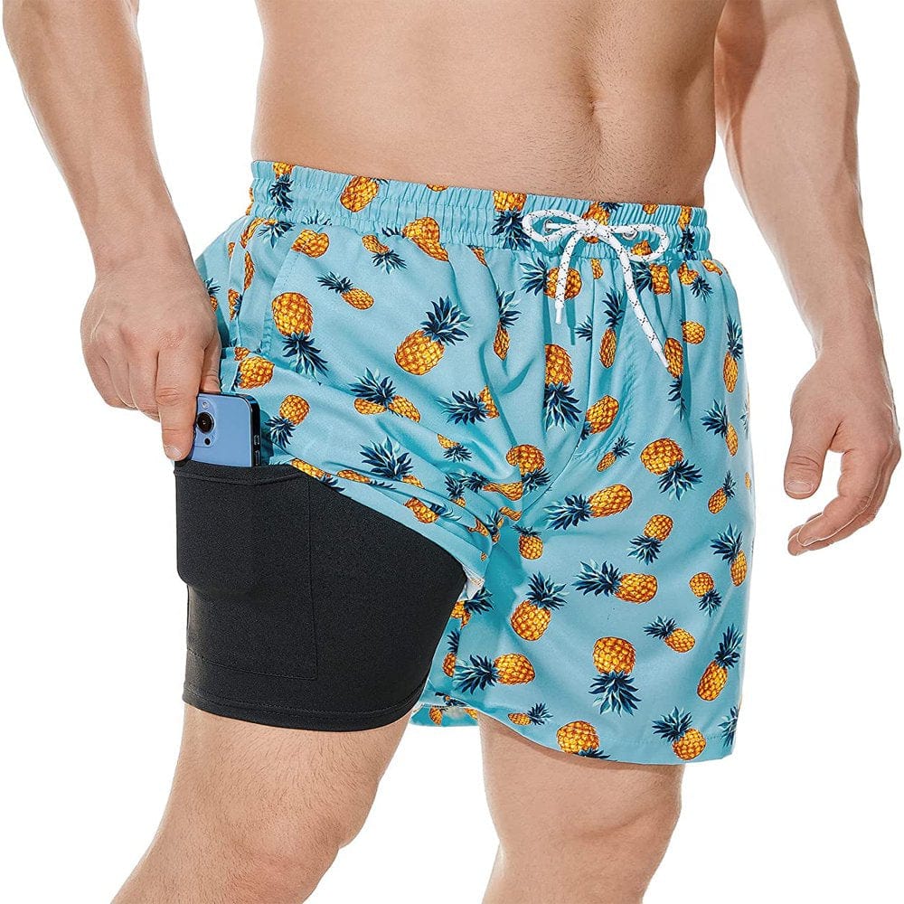 Zando Mens Swimming Trunks Quick Dry Compression Liner Swim Shorts Board Shorts Light Blue Pineapple L